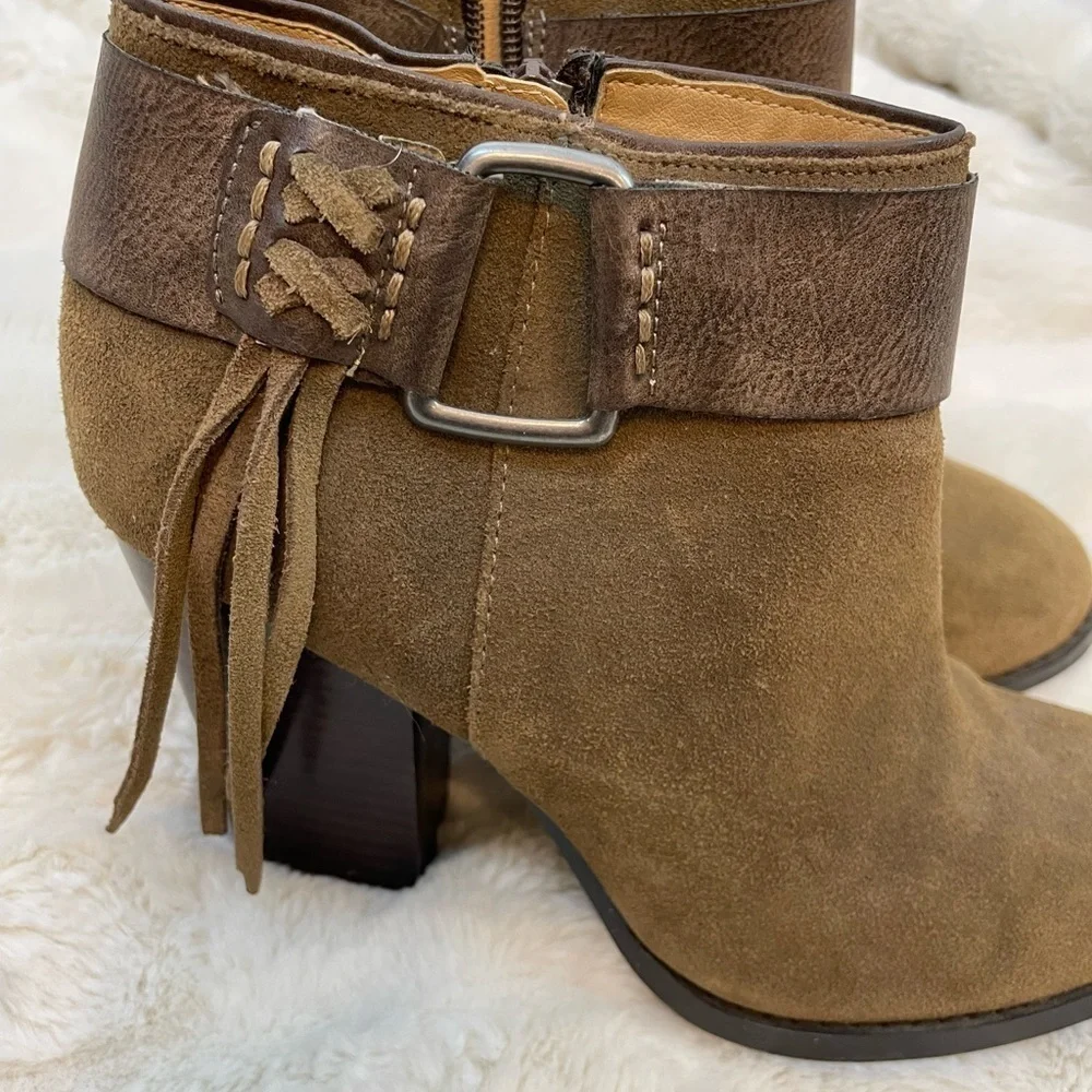 Kensie Masola Womens 8M Leather Ankle Boots Fringe Heels Bootie Brown Suede